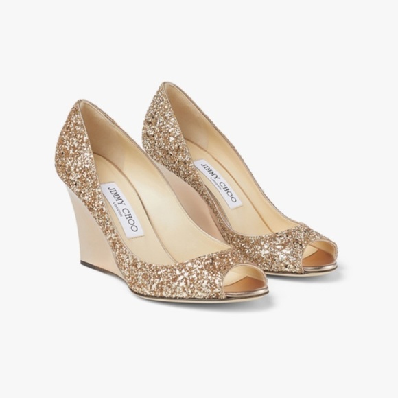 Jimmy  Choo Baxen Woven Metallic Peep Toe Wedge Heels Gold Glitter Size 38 - Picture 4 of 16